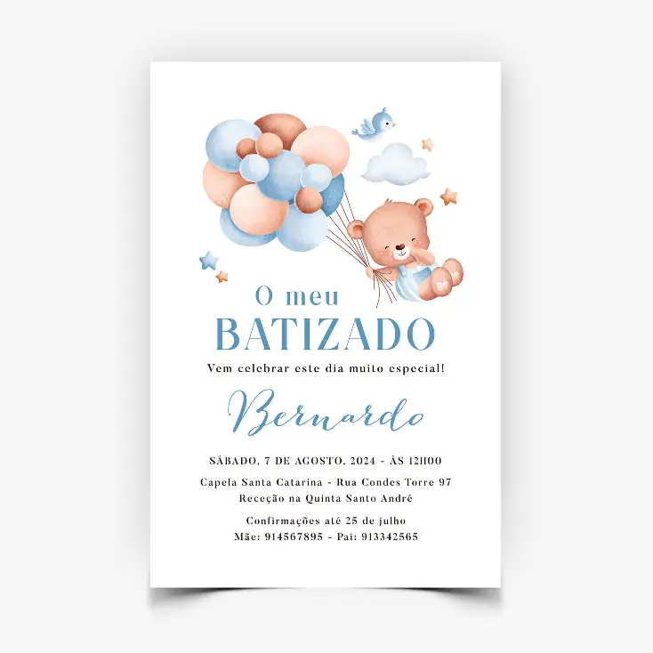 Convite de Batizado Personalizado - Ursinho com Balões.