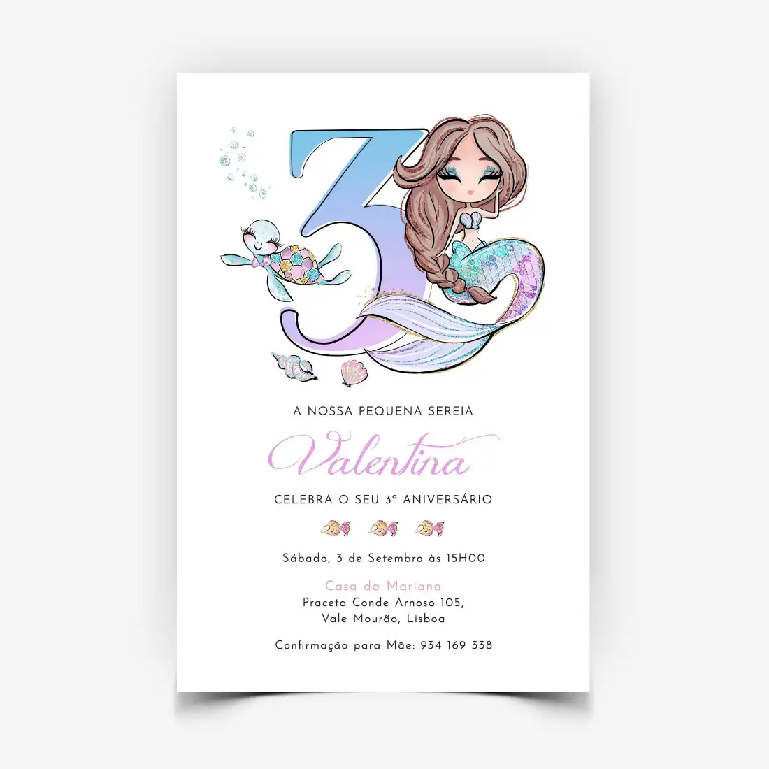 Convite de Aniversário Personalizado - Sereia Aquarela