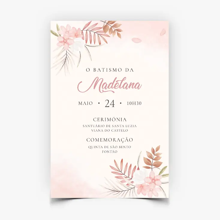 Convite Batizado Personalizado - Floral Rosado Suave