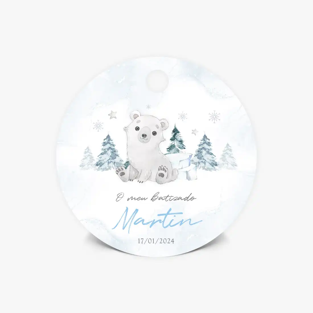 Etiquetas Personalizadas para Batizado - Ursinho Polar - Forma Redonda, Tag, Flor ou Coração - T116