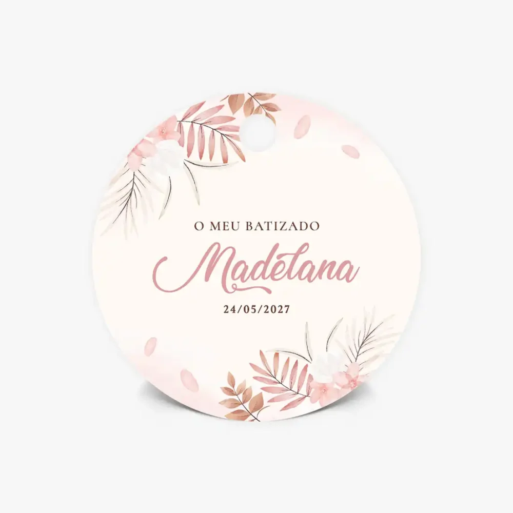 Etiquetas Personalizadas para Lembrança de Batizado - Floral Rosado Suave - Forma Redonda, Tag, Flor ou Coração - T013