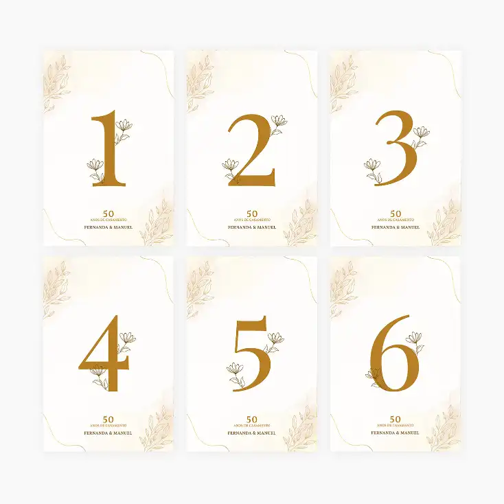 Marcadores Numericos para Bodas de Ouro Minimalista Dourado - Personalizados