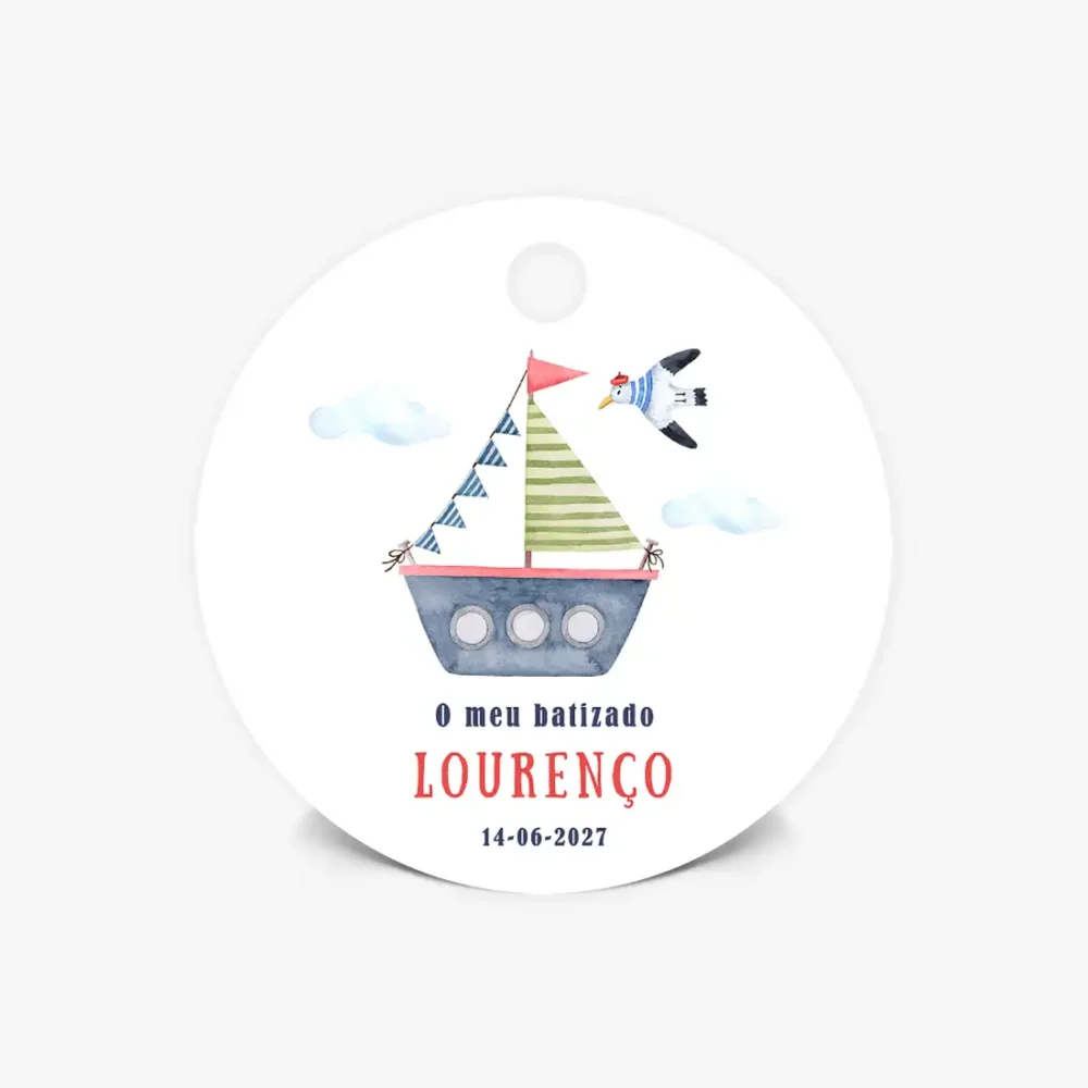 Etiquetas Personalizadas para Batizado - Barquinho - Forma Redonda, Tag, Flor ou Coração - T017