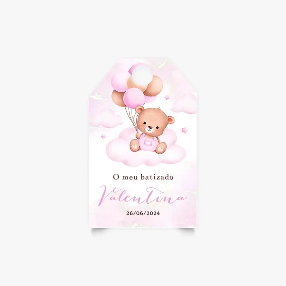 Etiquetas Personalizadas para Batizado - Ursinho com Balões Rosa - Formato Tag