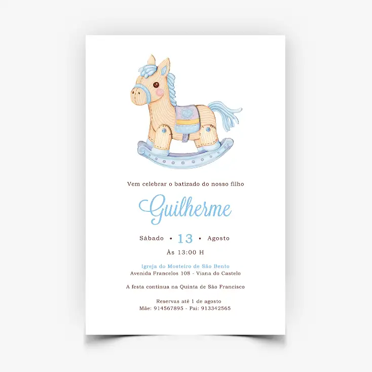 Convite de Batizado Personalizado - Cavalo de Baloiço Azul