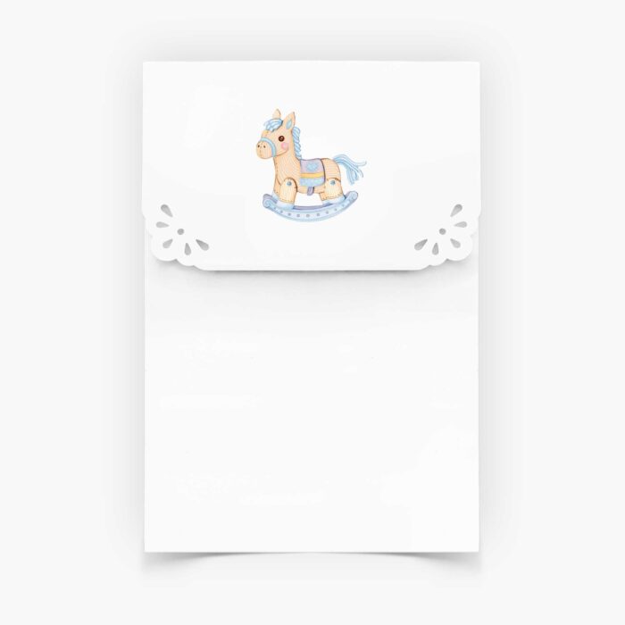 Envelope de Batizado Artesanal - Formato Carteirinha - Branco -Cavalinho de Baloiço Azul