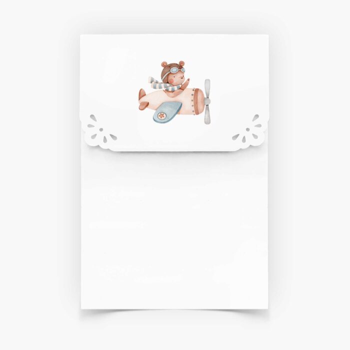 Envelope para Convites de Batizado - Formato Carteirinha - Fabrico Artesanal - Branco - Ursinho Piloto - T005