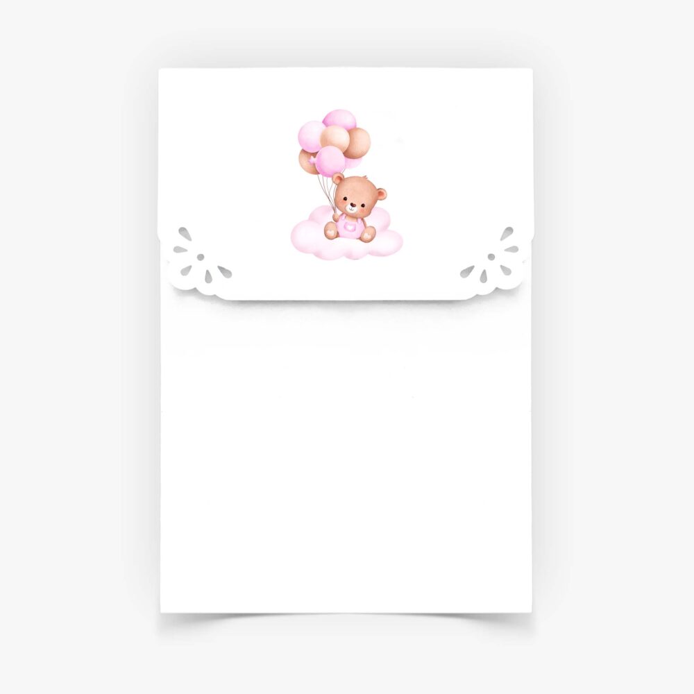 Envelope para Convites de Batizado - Formato Carteirinha - Fabrico Artesanal - Branco - Ursinho com Balões Rosa