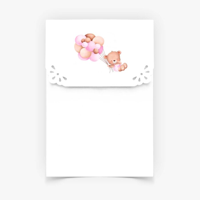 Envelope para Convites de Batizado - Formato Carteirinha - Fabrico Artesanal - Branco - Ursinho com Balões Rosa - T004