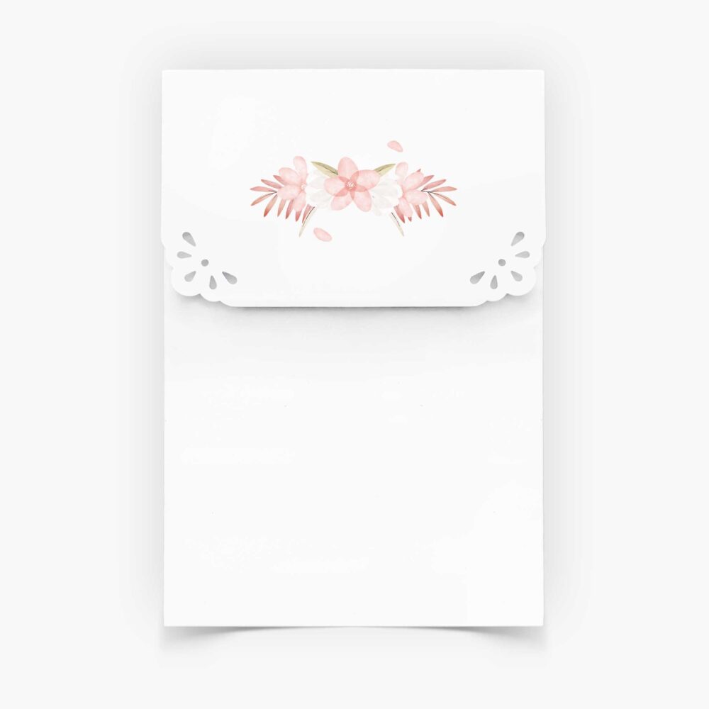 Envelope para Convites de Batizado - Formato Carteirinha - Fabrico Artesanal - Branco - Floral Rosado Suave - T013