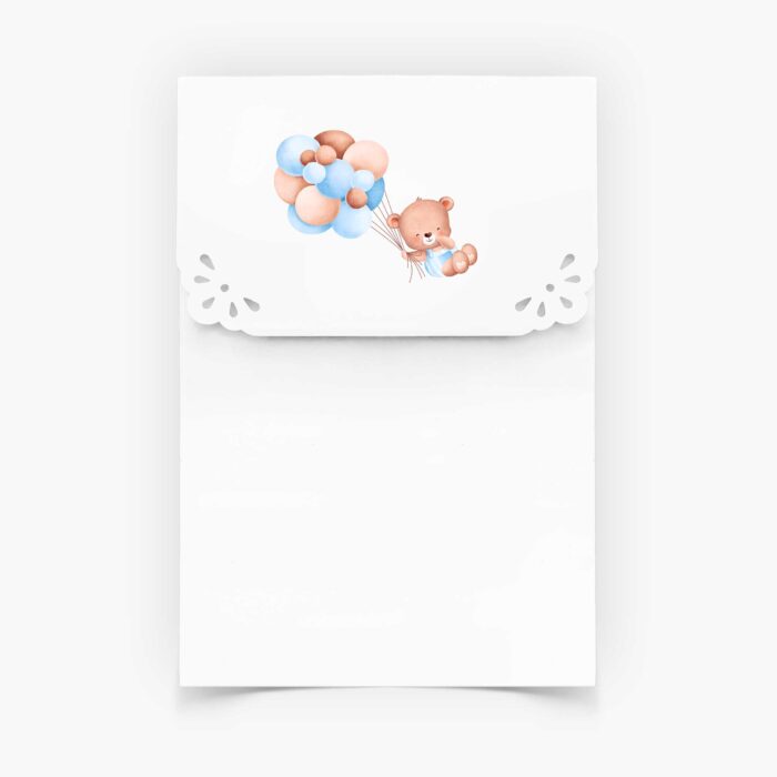 Envelope para Convites de Batizado - Formato Carteirinha - Fabrico Artesanal - Branco - Ursinho com Balões - T074