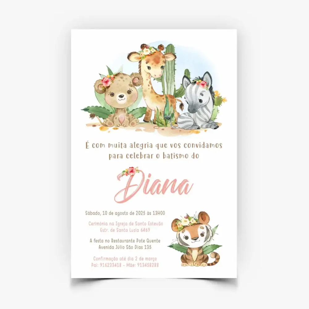 Convite Batizado Personalizado - Animais da Selva - Menina