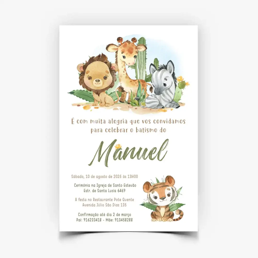 Convite Batizado Personalizado - Animais da Selva - Menino.