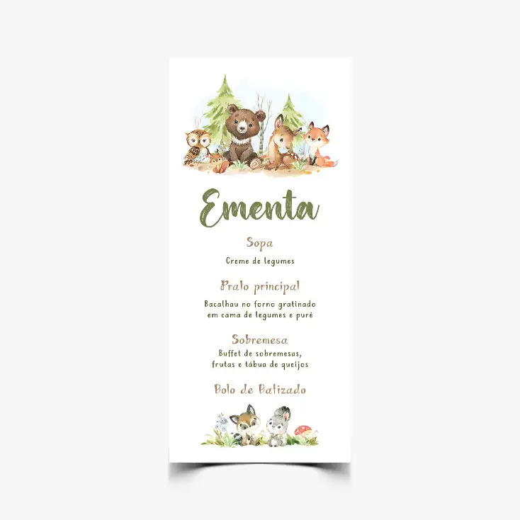 Ementa para Batizado Animais da Floresta - Menu Personalizado