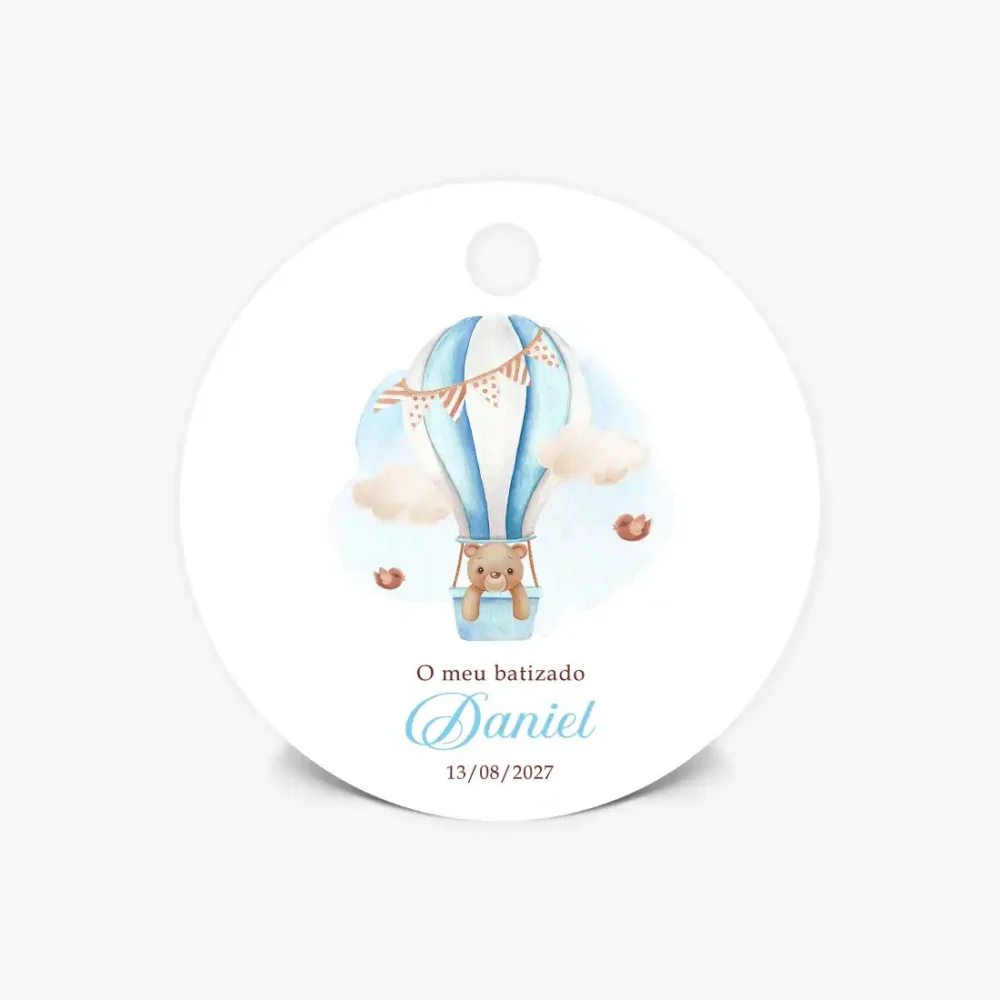Etiquetas Personalizadas para Lembrança de Batizado - Balão de Ar Quente - Forma Redonda, Tag, Flor ou Coração