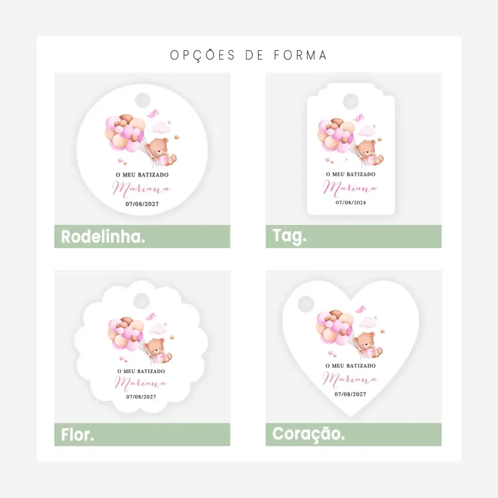 Etiquetas Personalizadas para Batizado – Ursinho com Balões Rosas - Forma Redonda, Tag, Flor ou Coração - T004