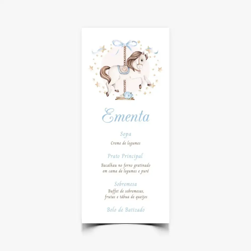 Ementa para Batizado Carrossel Azul Menino - Menu Personalizado - T186.